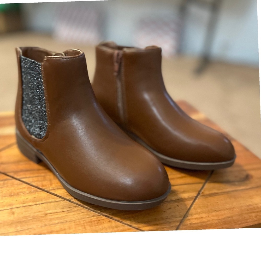 Kids Brown Faux Leather Zip Ankle Boots Glitter‎ Side Size 13 NWOT